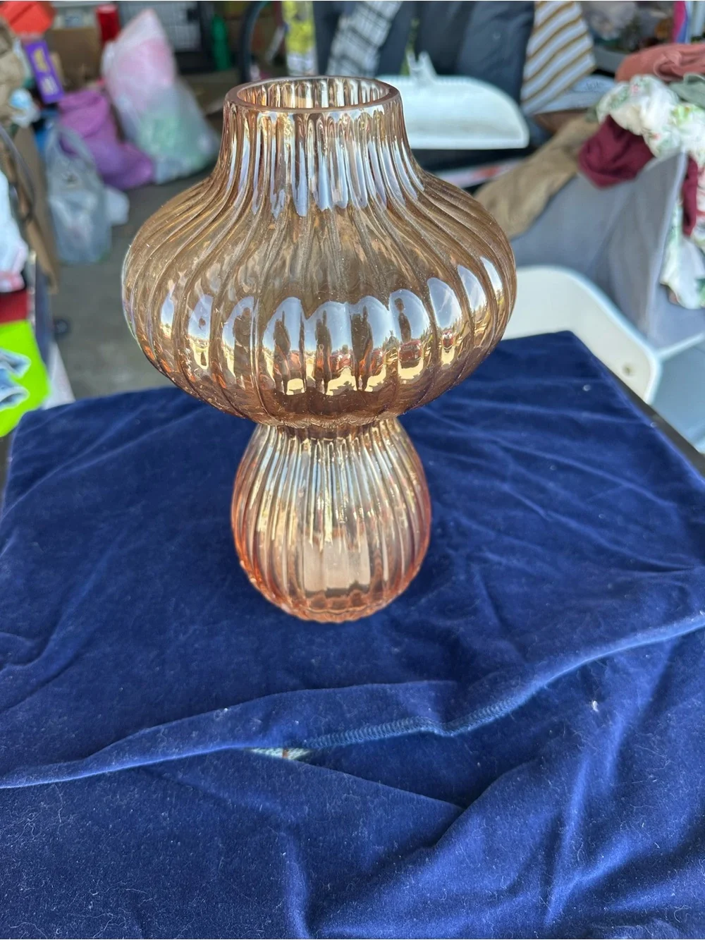 Source Unknown Amber Ribbed Glass Hourglass Vase